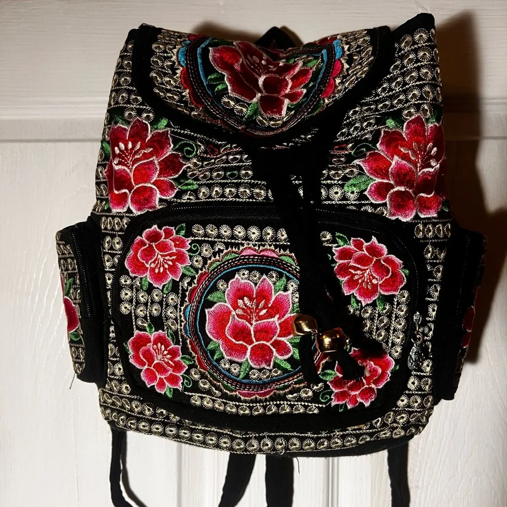 Floral Embroidered Backpack - Black and Red
